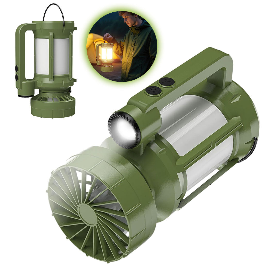 Lanterne de camping LED Rechargeable avec Ventilateur et 4 modes d’éclairage – مصباح ومروحة محمولة تنزوت