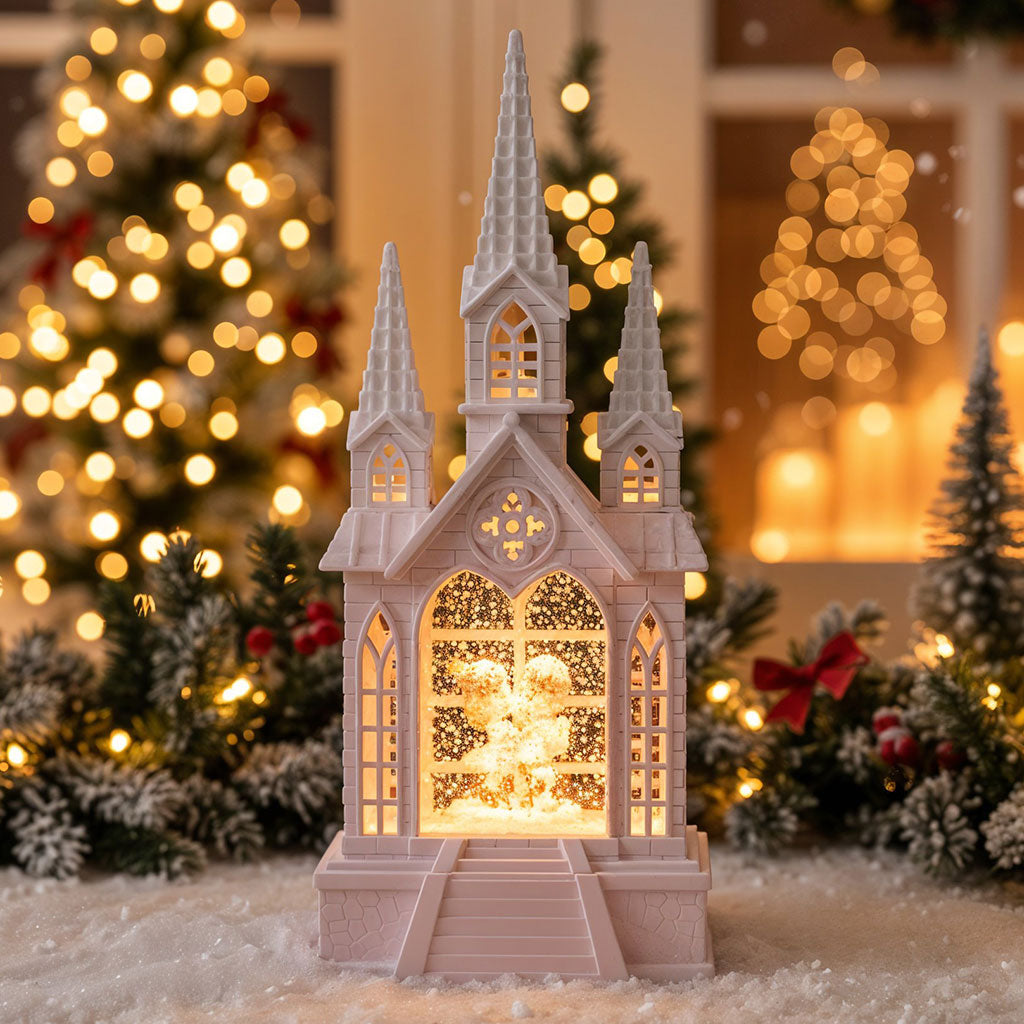 Château à neige lumineux avec paillettes tourbillonnantes – ديكور قلعة الثلج