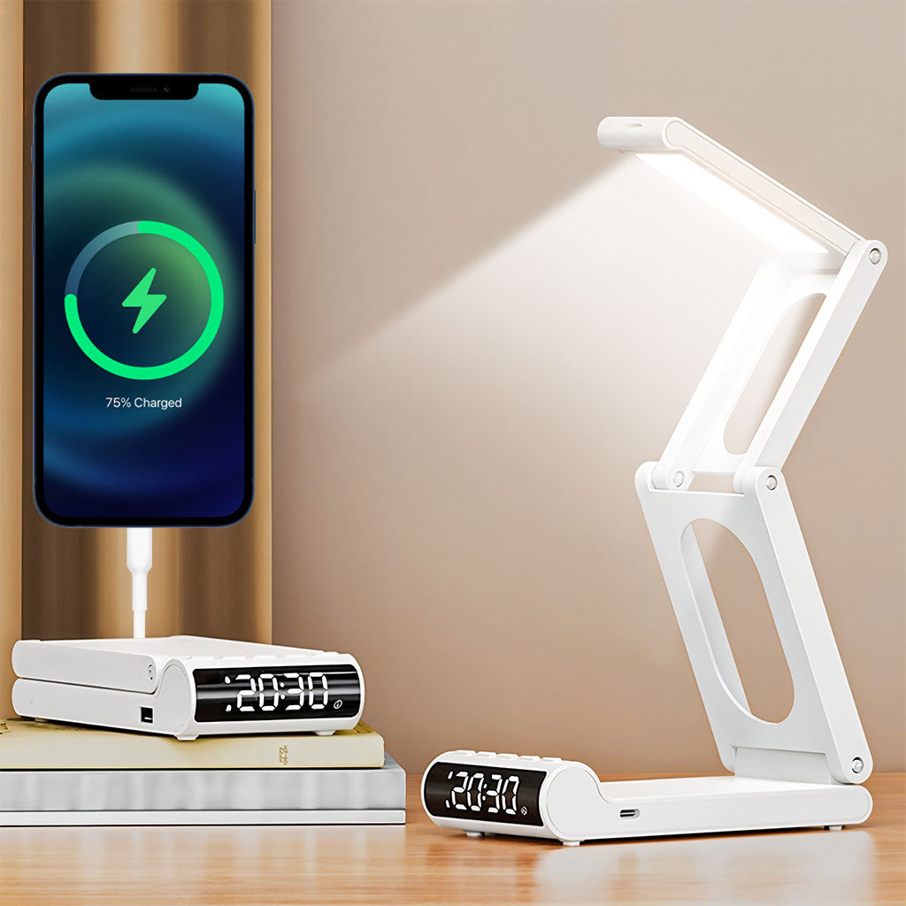 Lampe de bureau rechargeable sans fil avec réveil LED et power bank 5000 mAh – مصباح مكتب ومصباح مع شاحن متنقل
