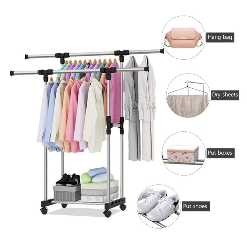 Double Penderie à vêtements portable à roulettes en Acier Inoxydable – علاقة ملابس متنقلة