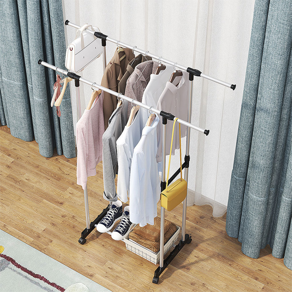 Double Penderie à vêtements portable à roulettes en Acier Inoxydable – علاقة ملابس متنقلة