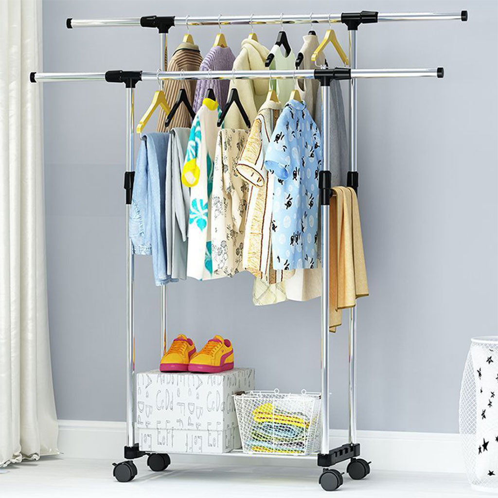Double Penderie à vêtements portable à roulettes en Acier Inoxydable – علاقة ملابس متنقلة