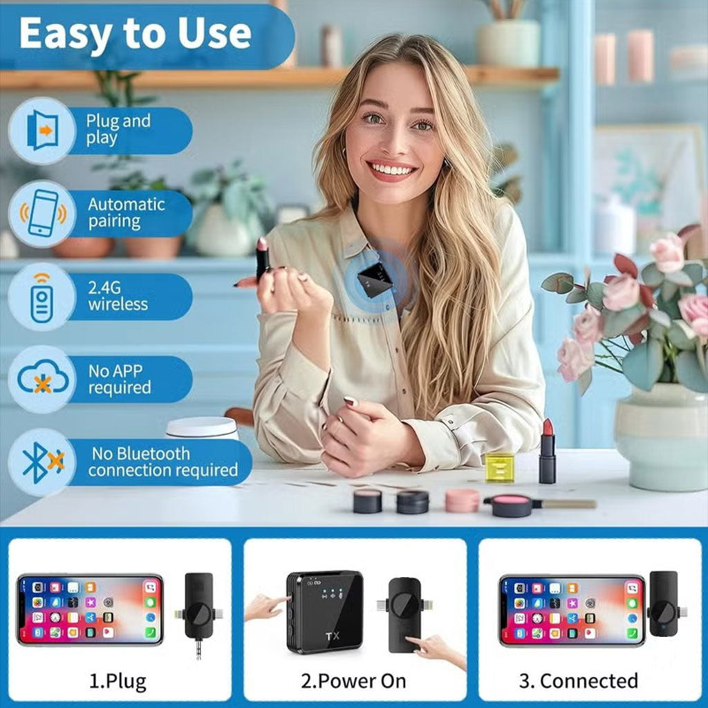 Double Microphone Sans Fil Professionnel 2en1 pour iPhone et Android F15-2 – ميكروفون لاسلكي 2قطع متعدد المنافذ