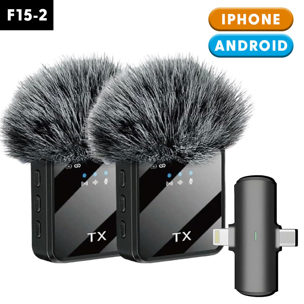Double Microphone Sans Fil Professionnel 2en1 pour iPhone et Android F15-2 – ميكروفون لاسلكي 2قطع متعدد المنافذ