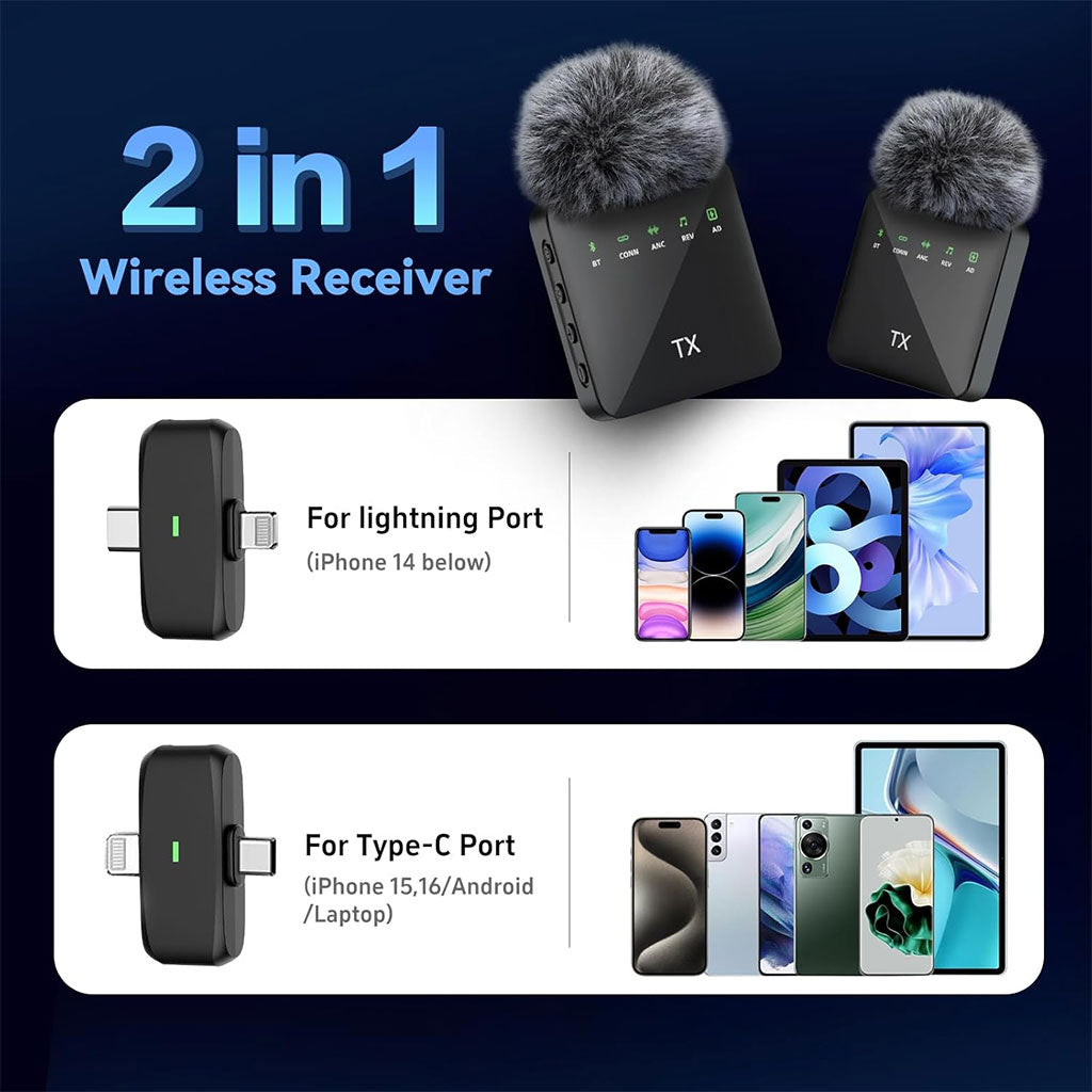 Double Microphone Sans Fil Professionnel 2en1 pour iPhone et Android F15-2 – ميكروفون لاسلكي 2قطع متعدد المنافذ