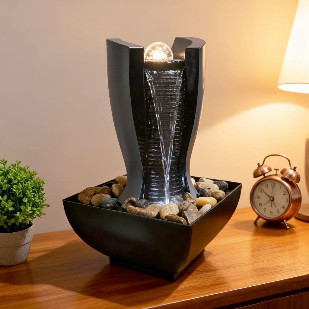 Fontaine à eau en forme de tour cascade avec boule de cristal et éclairage LED V6
