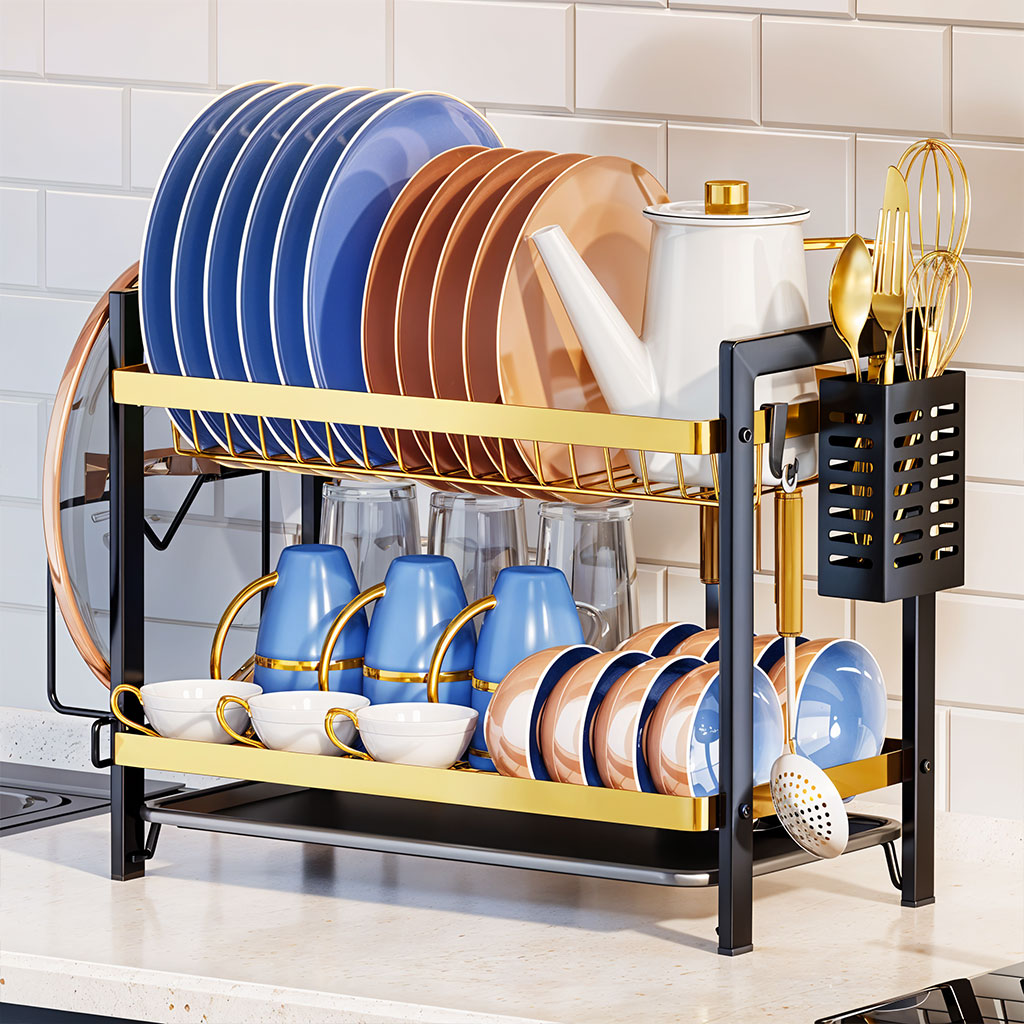Égouttoir à Vaisselle 2 Niveaux Gold pour Comptoir de Cuisine – حامل أواني ذهبي