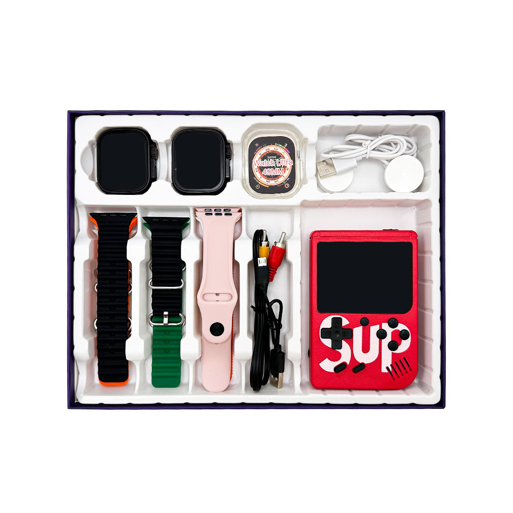 Pack 2 Smartwatch Ultra X2 avec 7 Bracelets et SUP Gamebox 400 Jeux – طقم ساعتين ذكيتين مع جهاز ألعاب كلاسيكية