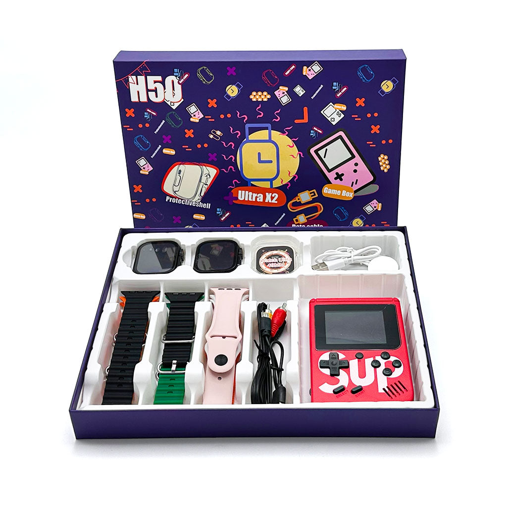 Pack 2 Smartwatch Ultra X2 avec 7 Bracelets et SUP Gamebox 400 Jeux – طقم ساعتين ذكيتين مع جهاز ألعاب كلاسيكية