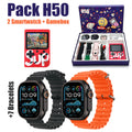 Pack 2 Smartwatch Ultra X2 avec 7 Bracelets et SUP Gamebox 400 Jeux – طقم ساعتين ذكيتين مع جهاز ألعاب كلاسيكية