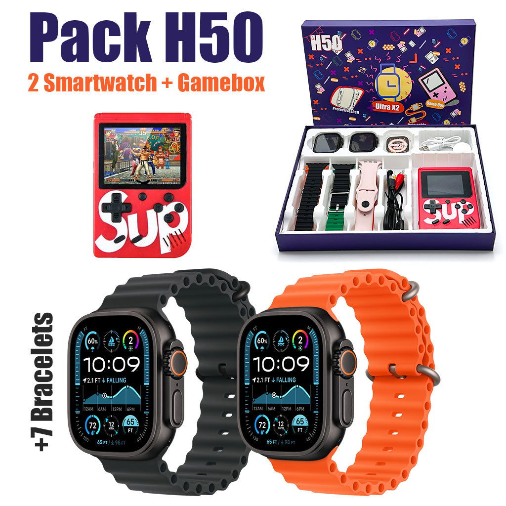 Pack 2 Smartwatch Ultra X2 avec 7 Bracelets et SUP Gamebox 400 Jeux – طقم ساعتين ذكيتين مع جهاز ألعاب كلاسيكية