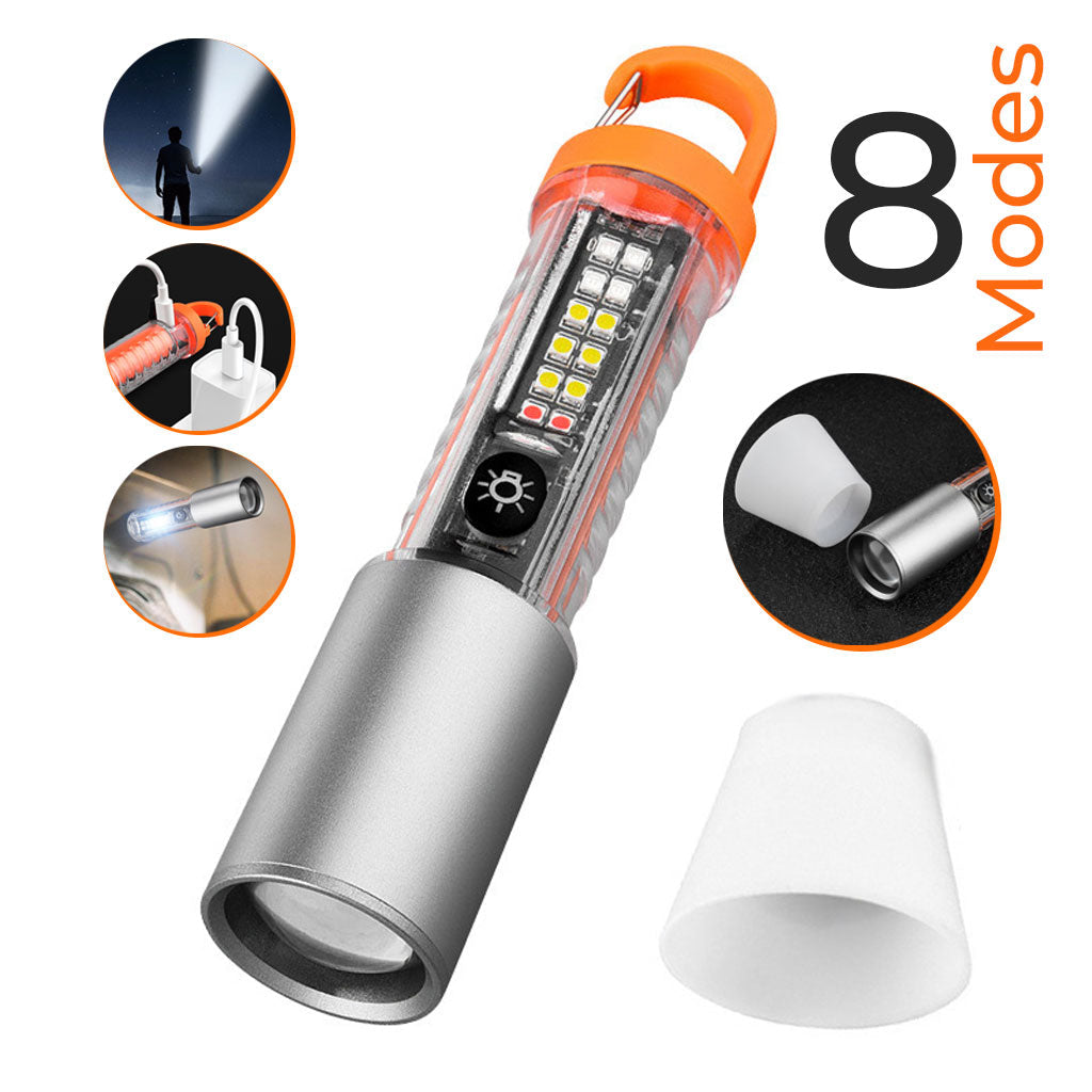Lampe de Poche LED Multi-Fonction avec Zoom, Laser et 8 Modes d’Éclairage – Torche Étanche pour Camping d’Urgence avec Magnet تنزوت