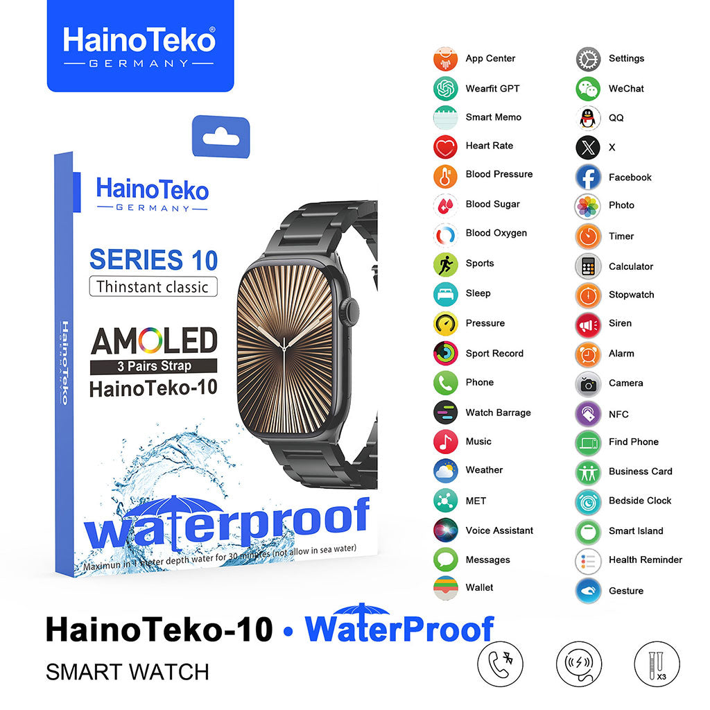 Smart Watch Étanche HainoTeko-10 avec 3 bracelets de luxe en acier inoxydable et silicone – ساعة ذكية أصلية