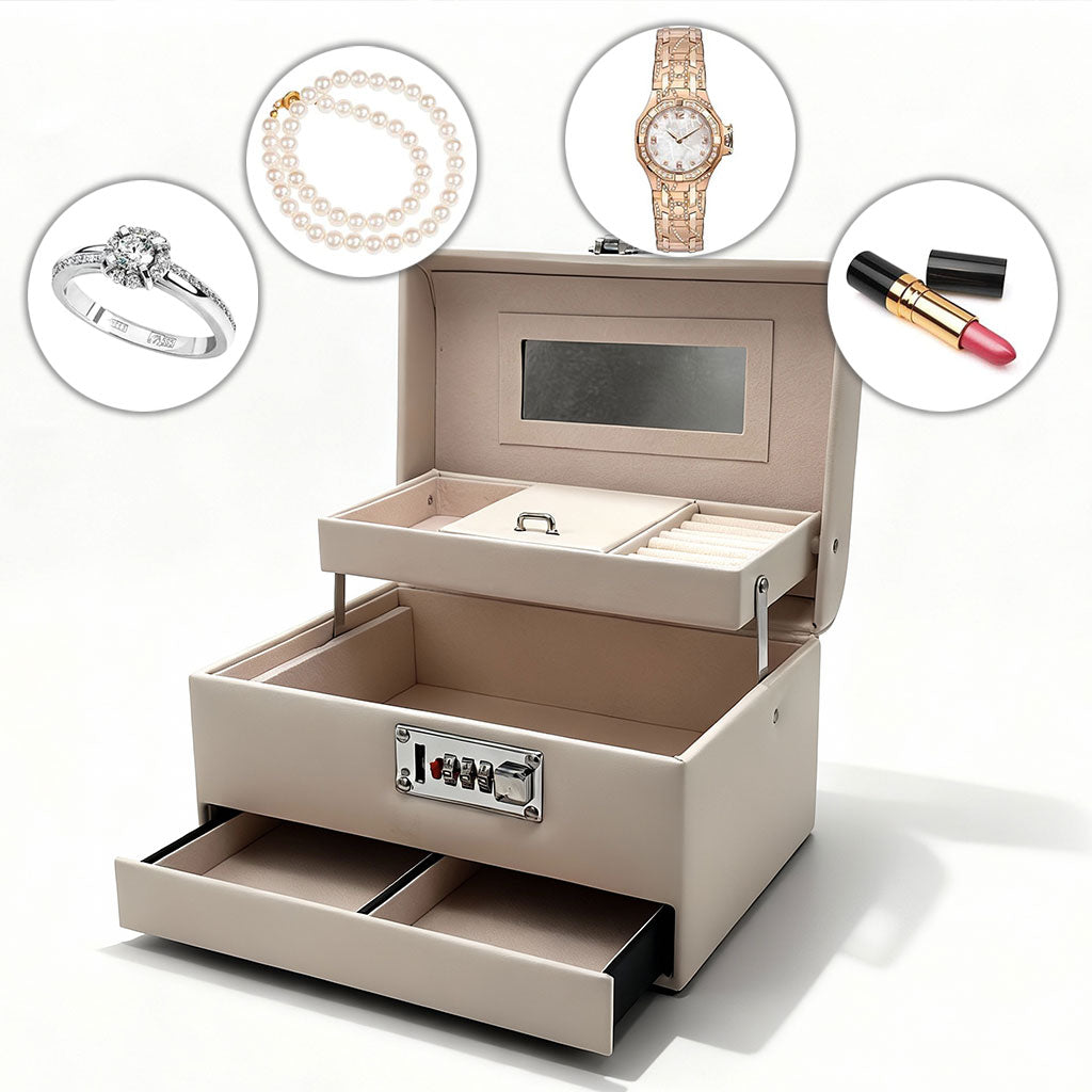 Boîte à Bijoux Multi-Compartiments avec Miroir et Serrure – علبة حفظ المجوهرات مع قفل أمان
