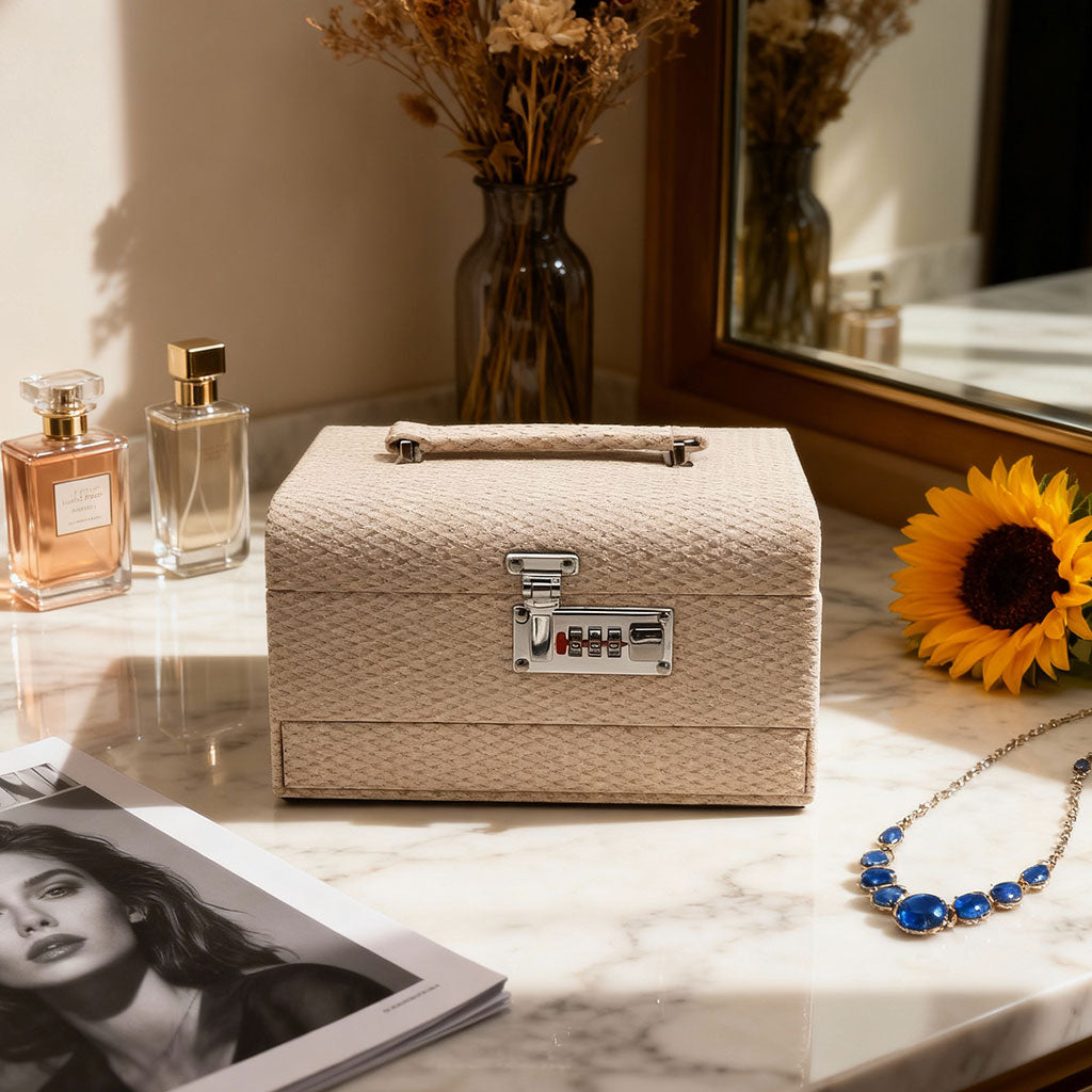 Boîte à Bijoux Multi-Compartiments avec Miroir et Serrure – علبة حفظ المجوهرات مع قفل أمان