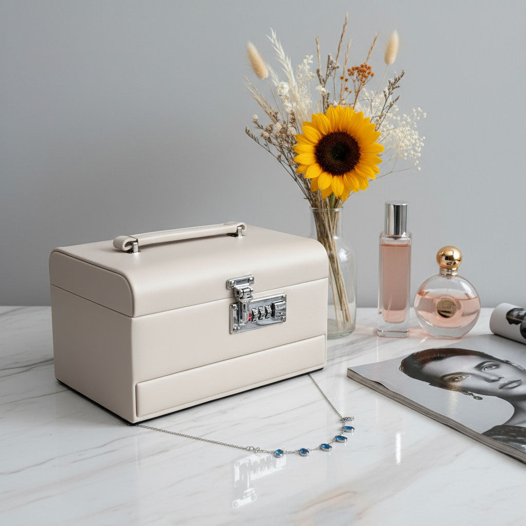 Boîte à Bijoux Multi-Compartiments avec Miroir et Serrure – علبة حفظ المجوهرات مع قفل أمان