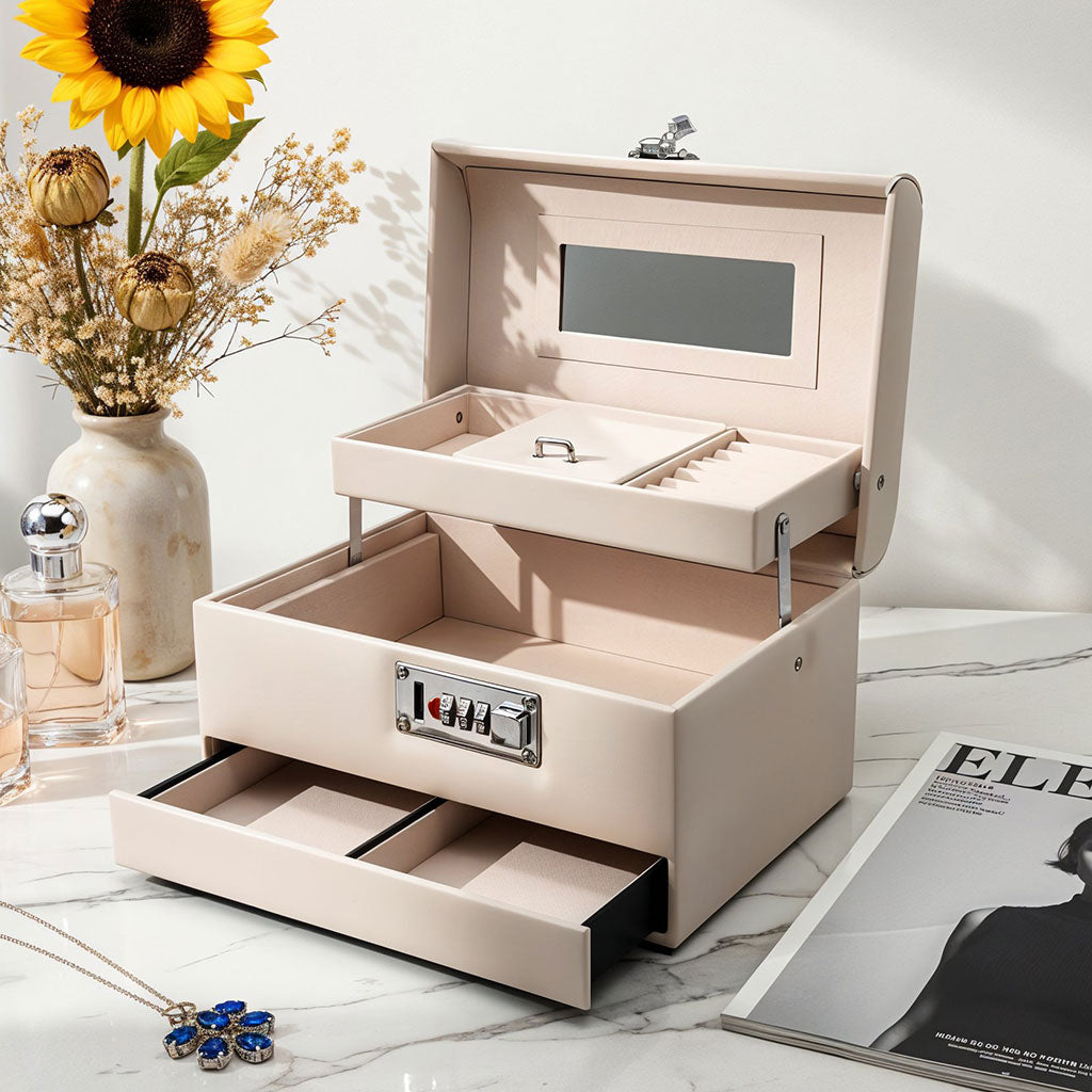 Boîte à Bijoux Multi-Compartiments avec Miroir et Serrure – علبة حفظ المجوهرات مع قفل أمان
