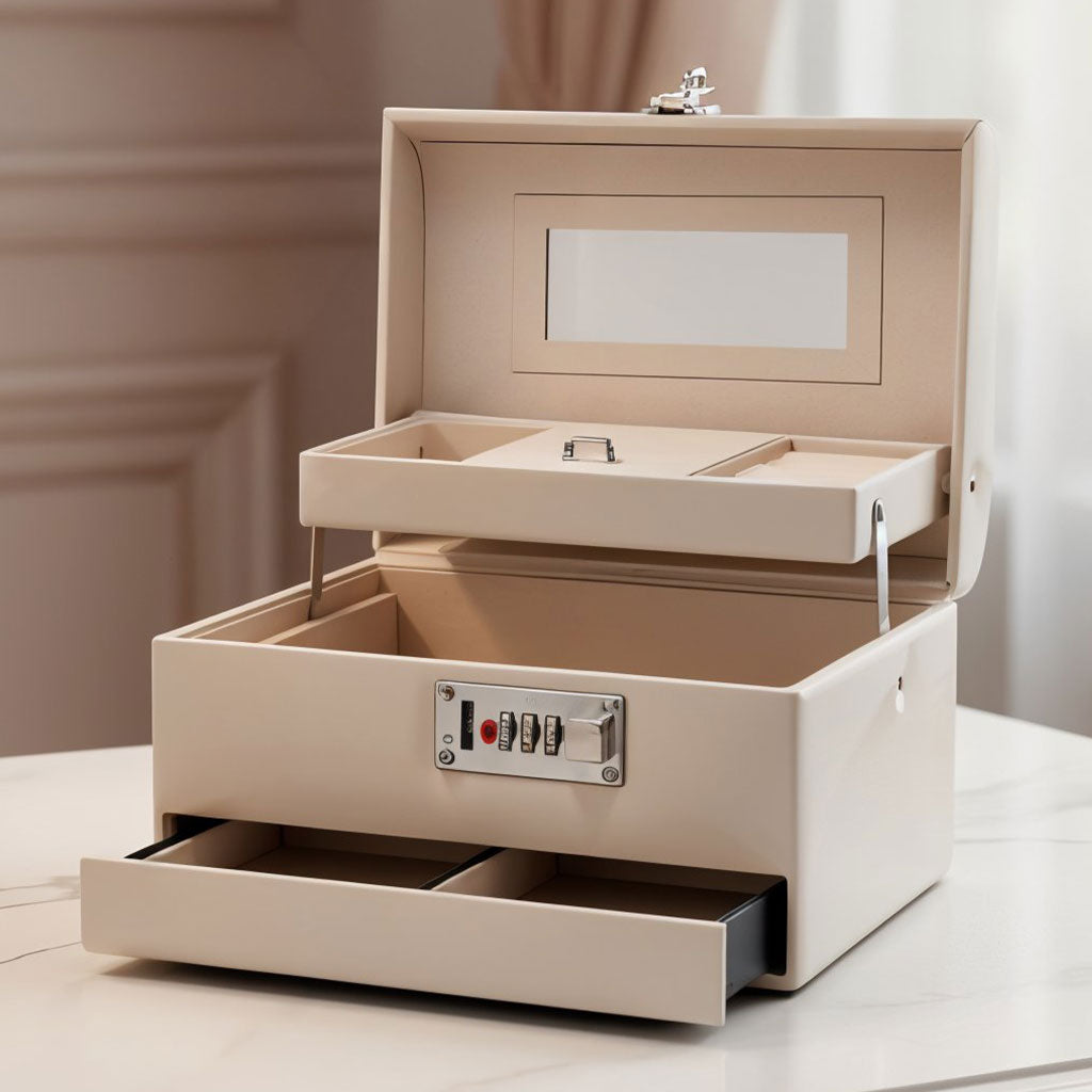 Boîte à Bijoux Multi-Compartiments avec Miroir et Serrure – علبة حفظ المجوهرات مع قفل أمان