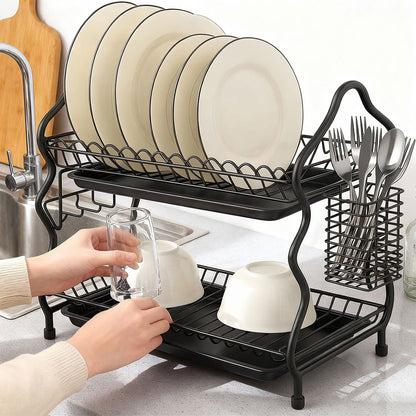 Two-tier dish drying rack with drip tray by Tenzut, suitable for kitchen use, model KD-1030AL, neatly arranged for drying dishes.