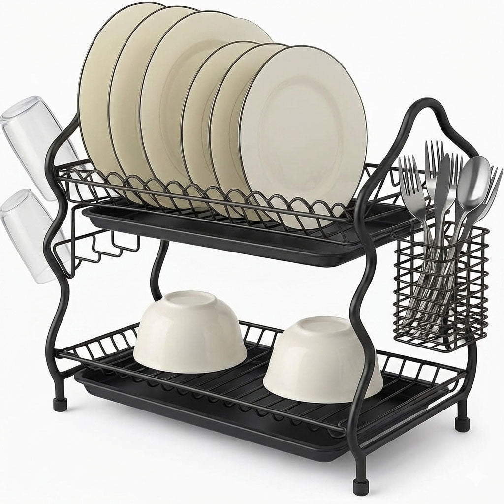 Two-tier dish drying rack with drip tray from تنزوت, suitable for kitchen use, featuring a spacious design for drying utensils.