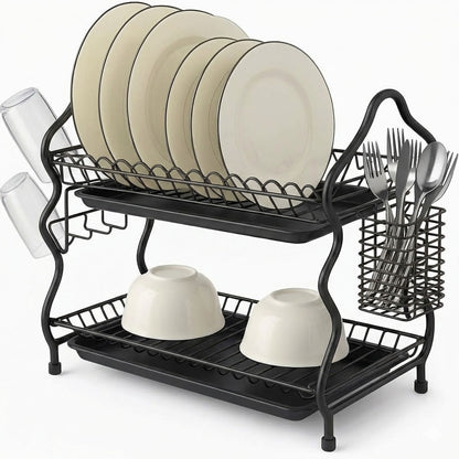 Two-tier dish drying rack with drip tray from تنزوت, suitable for kitchen use, featuring a spacious design for drying utensils.