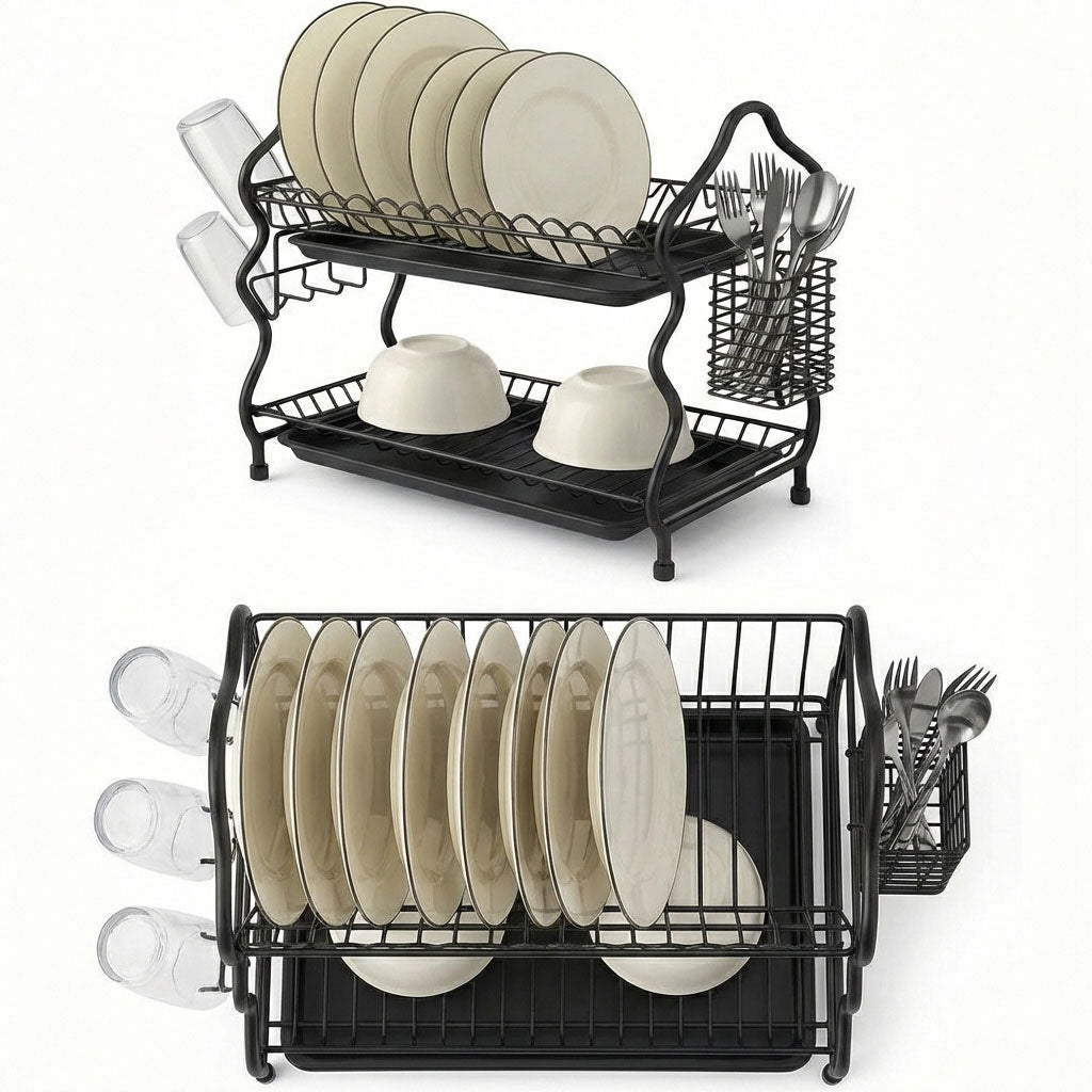 Two-tier dish drying rack with drip tray by Tanzo, ideal for kitchen use, with organized space for drying dishes and utensils.