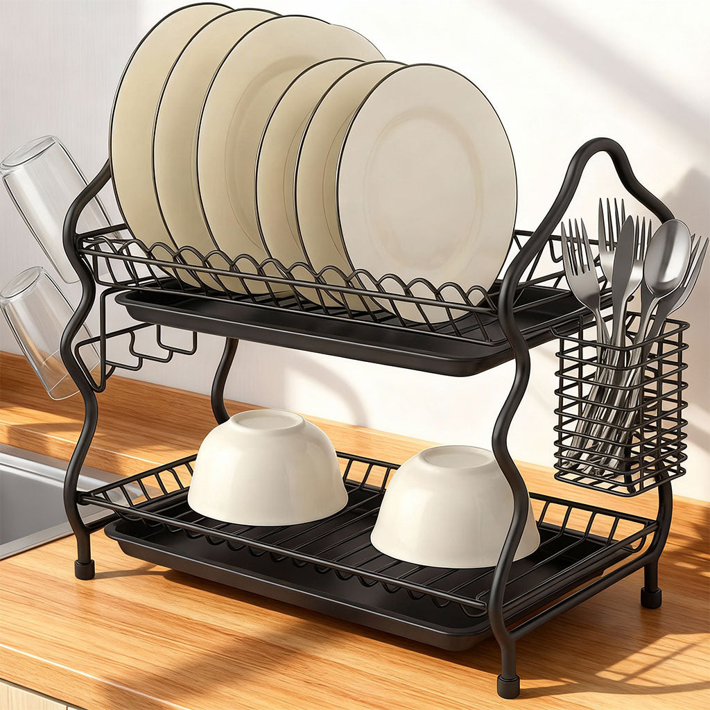 Two-level dish drying rack with drip tray from تنزوت, model KD-1030AL, suitable for kitchen use and drying utensils efficiently.