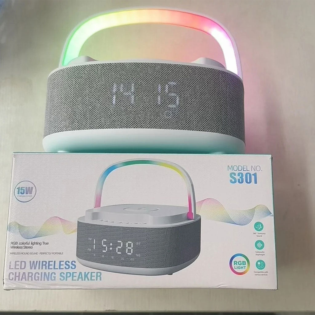 Haut Parleur Bluetooth Portable S301 à LED RGB chargement sans fil 15W – مكبر صوت بلوتوث وشاحن لاسلكي 2في1