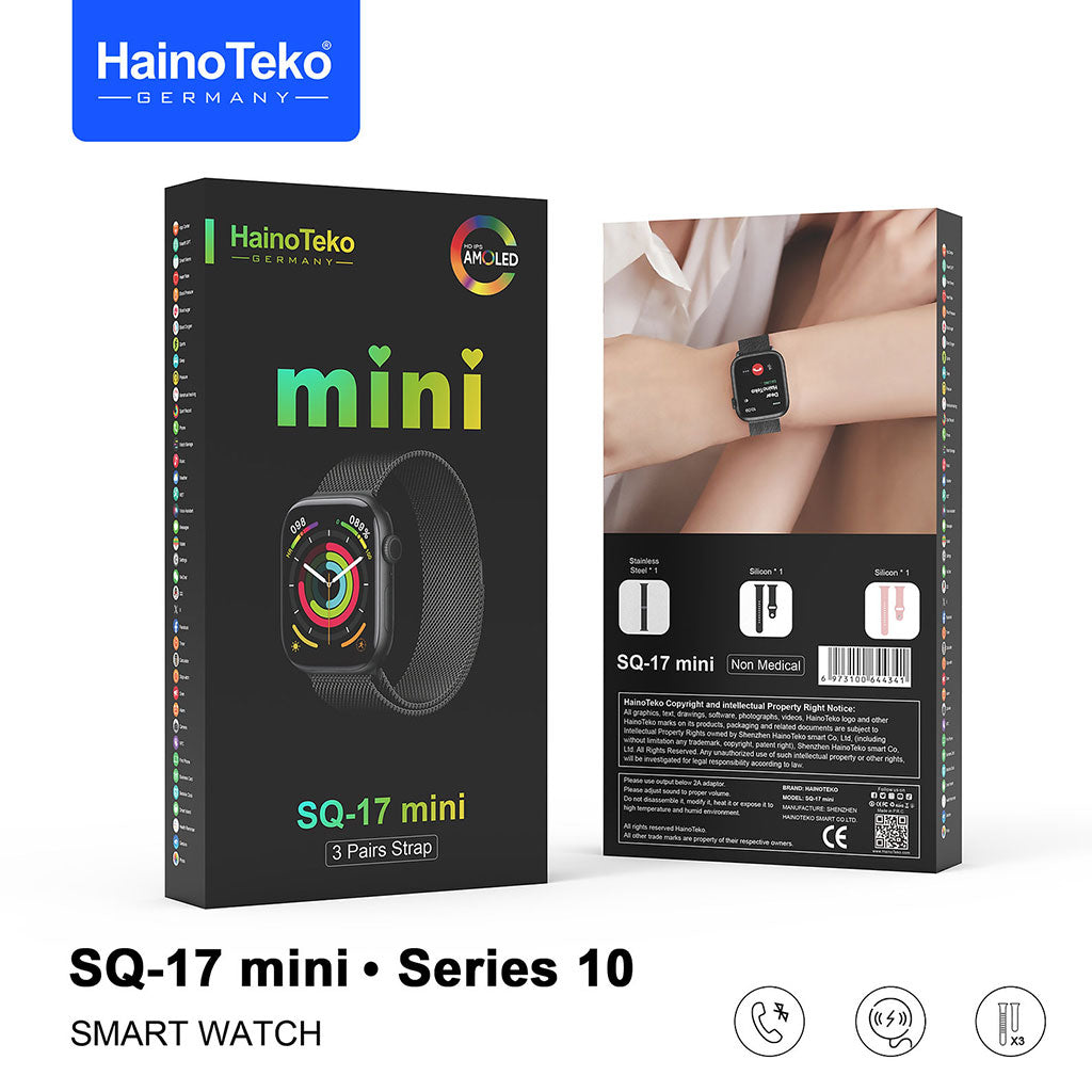 HainoTeko SQ-17 Mini Smart Watch Series 10 AMOLED avec 3 Bracelets – ساعة ذكية أصلية للنساء