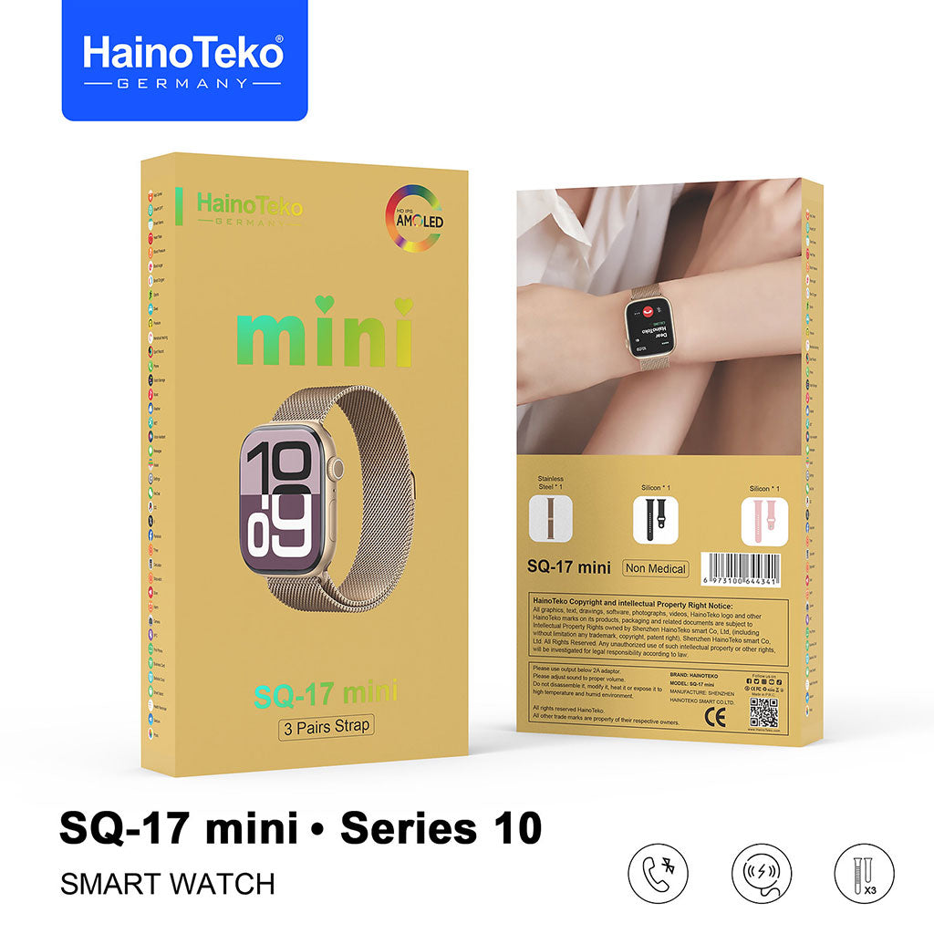 HainoTeko SQ-17 Mini Smart Watch Series 10 AMOLED avec 3 Bracelets – ساعة ذكية أصلية للنساء