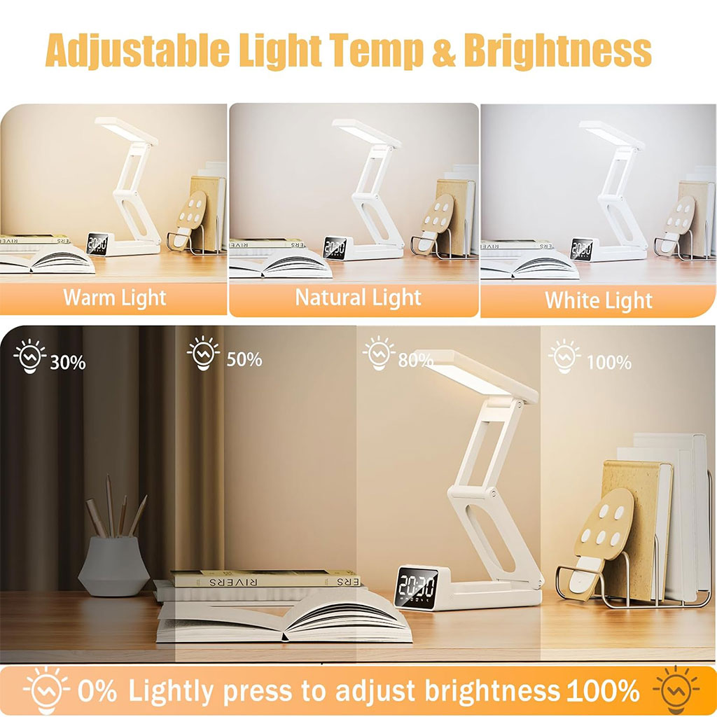 Lampe de bureau rechargeable sans fil avec réveil LED et power bank 10 000 mAh – مصباح مكتب ومصباح مع شاحن متنقل