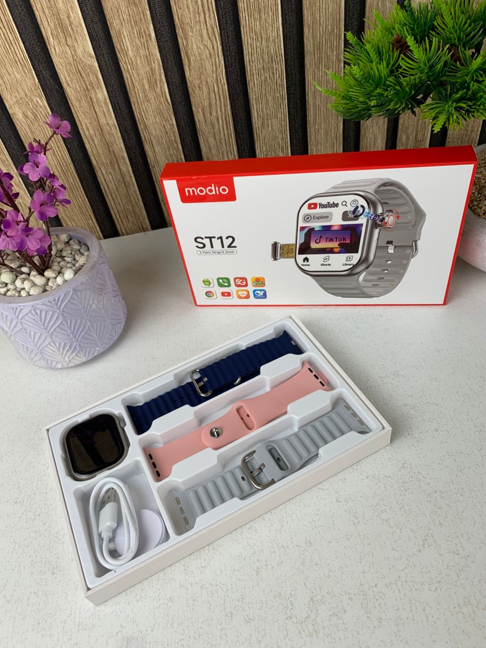 Smart Watch ST12 Compatible avec Carte Sim 5G Stockage 64GB Ai Fonction – ساعة ذكية مع 3 أساور