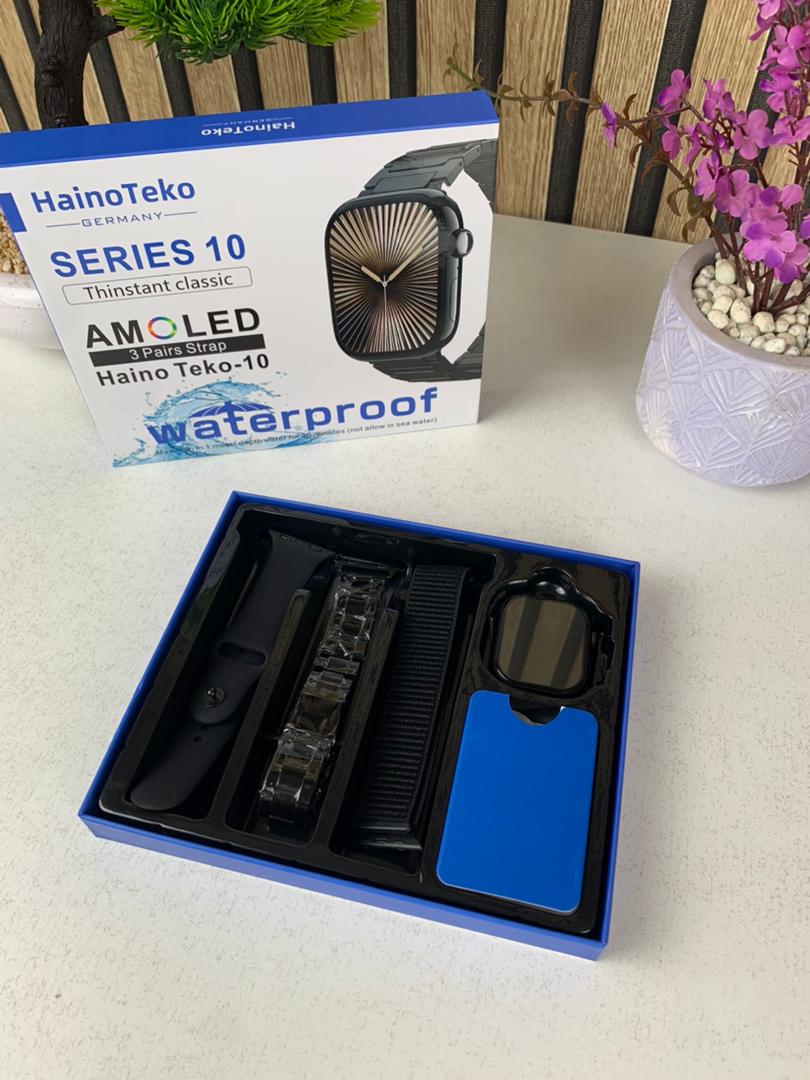 Smart Watch Étanche HainoTeko-10 avec 3 bracelets de luxe en acier inoxydable et silicone – ساعة ذكية أصلية