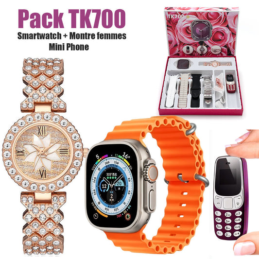Pack Smartwatch Ultra X2 avec 7 Bracelets Montre pour Femmes – طقم ساعة ذكية وساعة نسائية مع هاتف حجم صغير - تنزوت