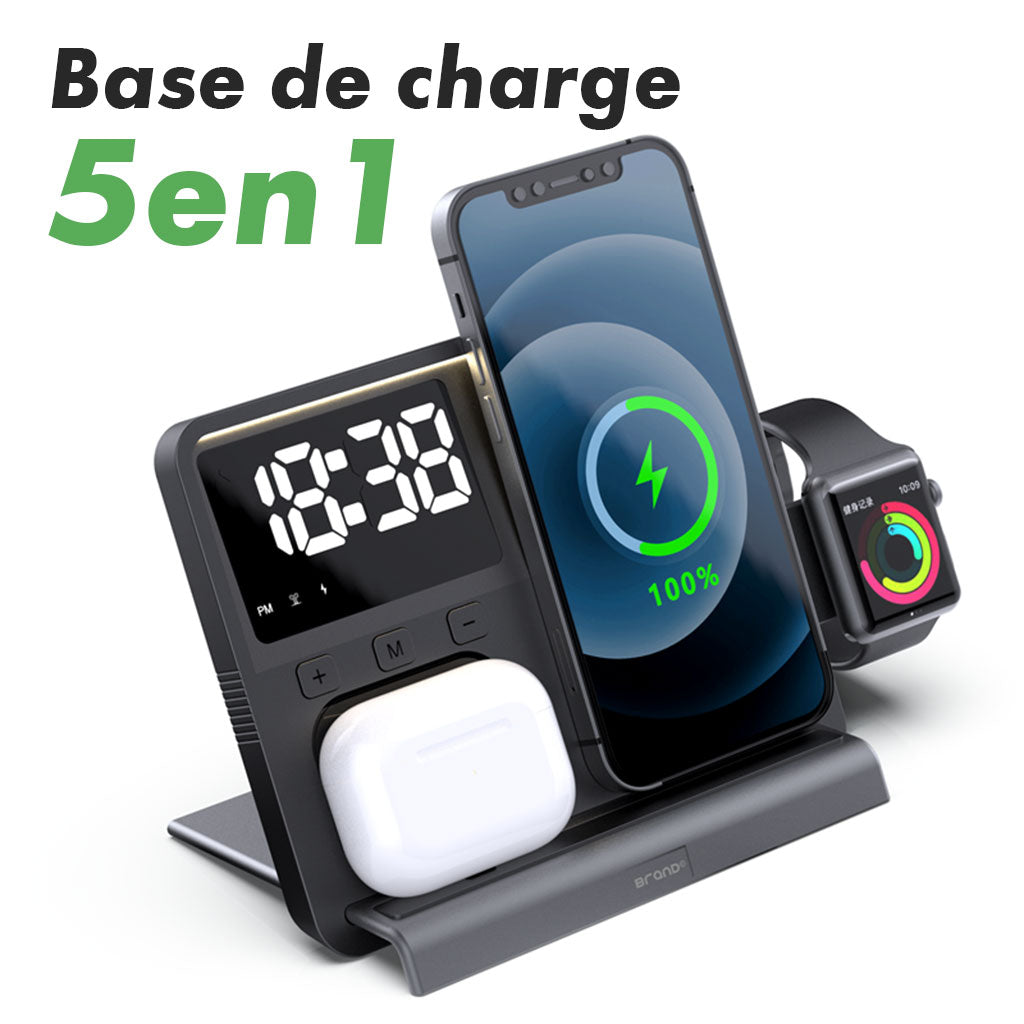Chargeur sans fil 5 en 1 et station de charge ultra rapide avec Réveil integré تنزوت