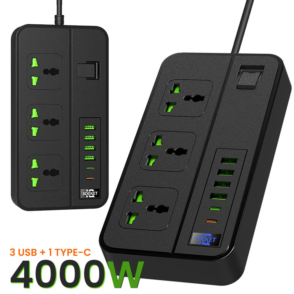 Triple prise de courant avec 3 ports USB, chargement rapide, avec un câble de 2 mètres