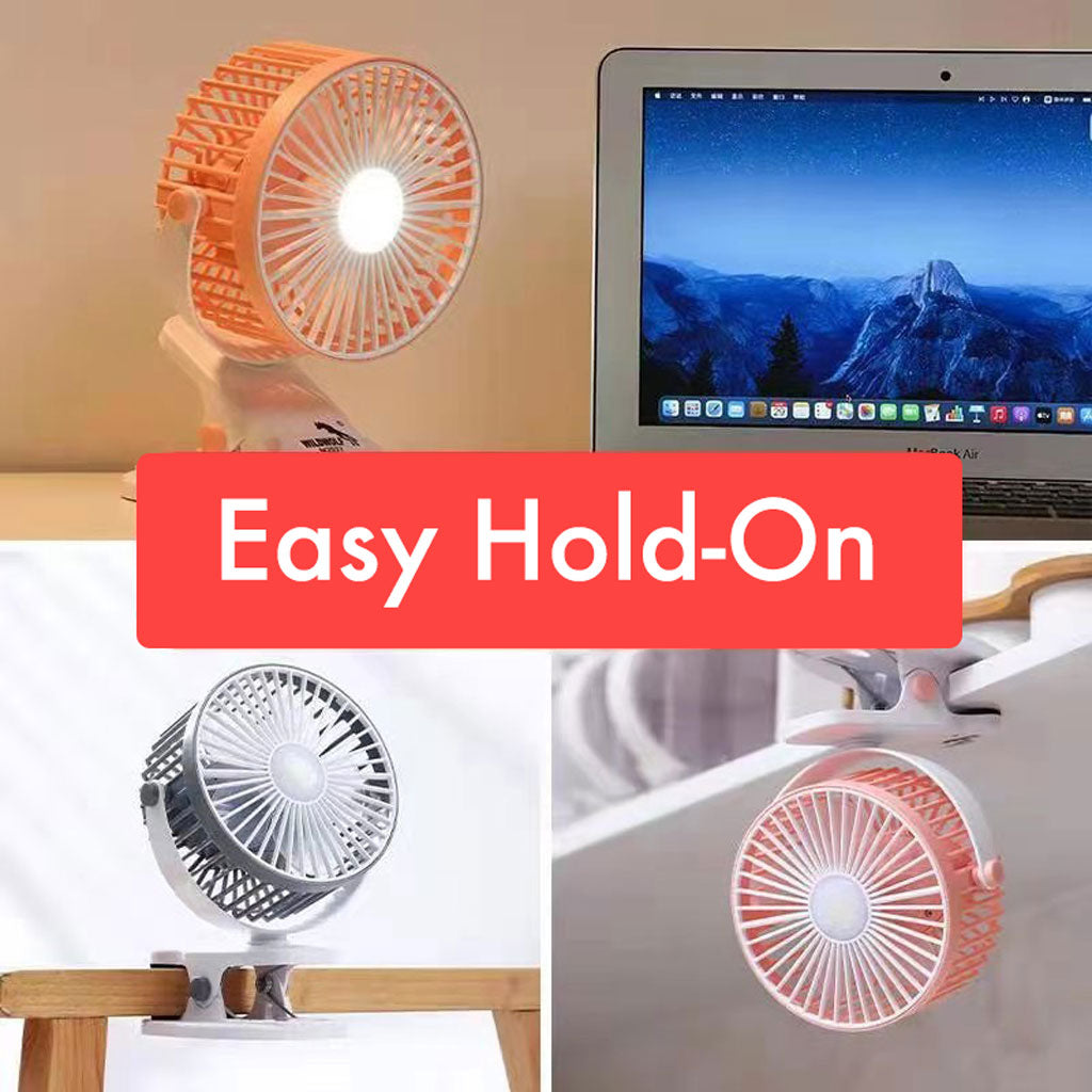 Ventilateur de bureau portable à pince réglable à 360°, rechargeable via USB