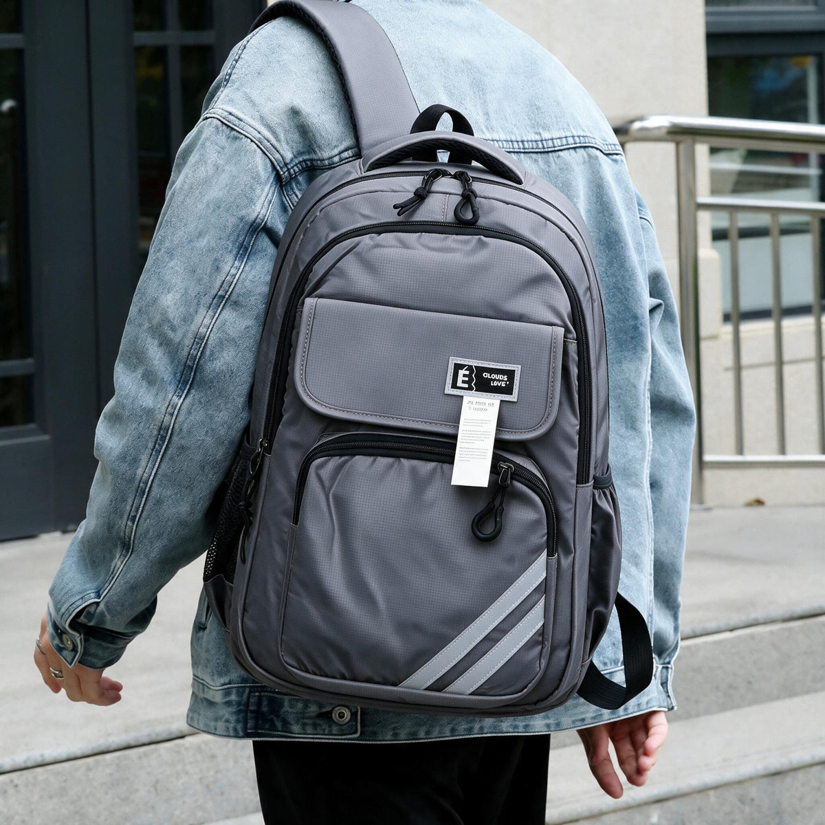 Sac à Dos Sport et Scolaire Multi-Poches Tissu Oxford Résistant et Imperméable Gris SACKDS27GR - حقيبة ظهر رياضية ومدرسية متعددة الجيوب مع عواكس ضوئية