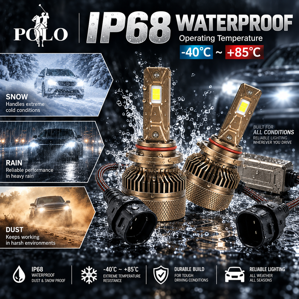 Ampoules de Phare LED POLO M06 160W, 16000LM HB3/9005 - لمبات إضاءة أمامية ليد للسيارات 160 واط
