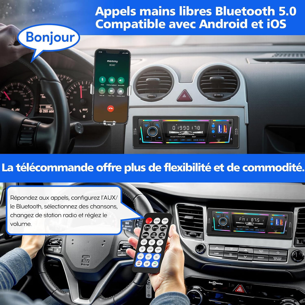Autoradio Bluetooth 5.0 1DIN Charge Rapide USB et Type-C, Éclairage Personnalisable DSP et RDS - راديو سيارة بلوتوث مع منفذي شحن
