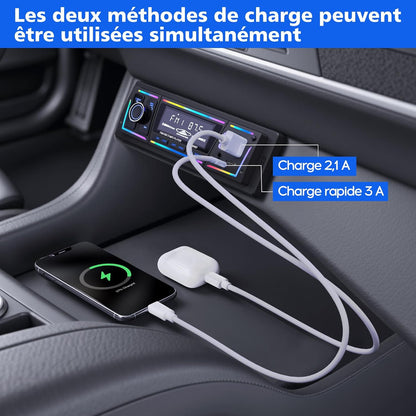 Autoradio Bluetooth 5.0 1DIN Charge Rapide USB et Type-C, Éclairage Personnalisable DSP et RDS - راديو سيارة بلوتوث مع منفذي شحن