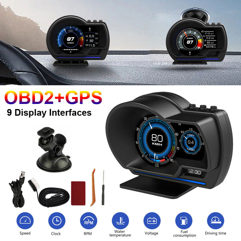 Afficheur Tête Haute HUD Intelligent Pour Voiture Système Double OBD2 + GPS 10 Alarme de Vitesse et Écran LCD - عداد السرعة الرقمي والشاشة الذكية