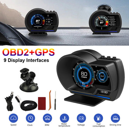Afficheur Tête Haute HUD Intelligent Pour Voiture Système Double OBD2 + GPS 10 Alarme de Vitesse et Écran LCD - عداد السرعة الرقمي والشاشة الذكية