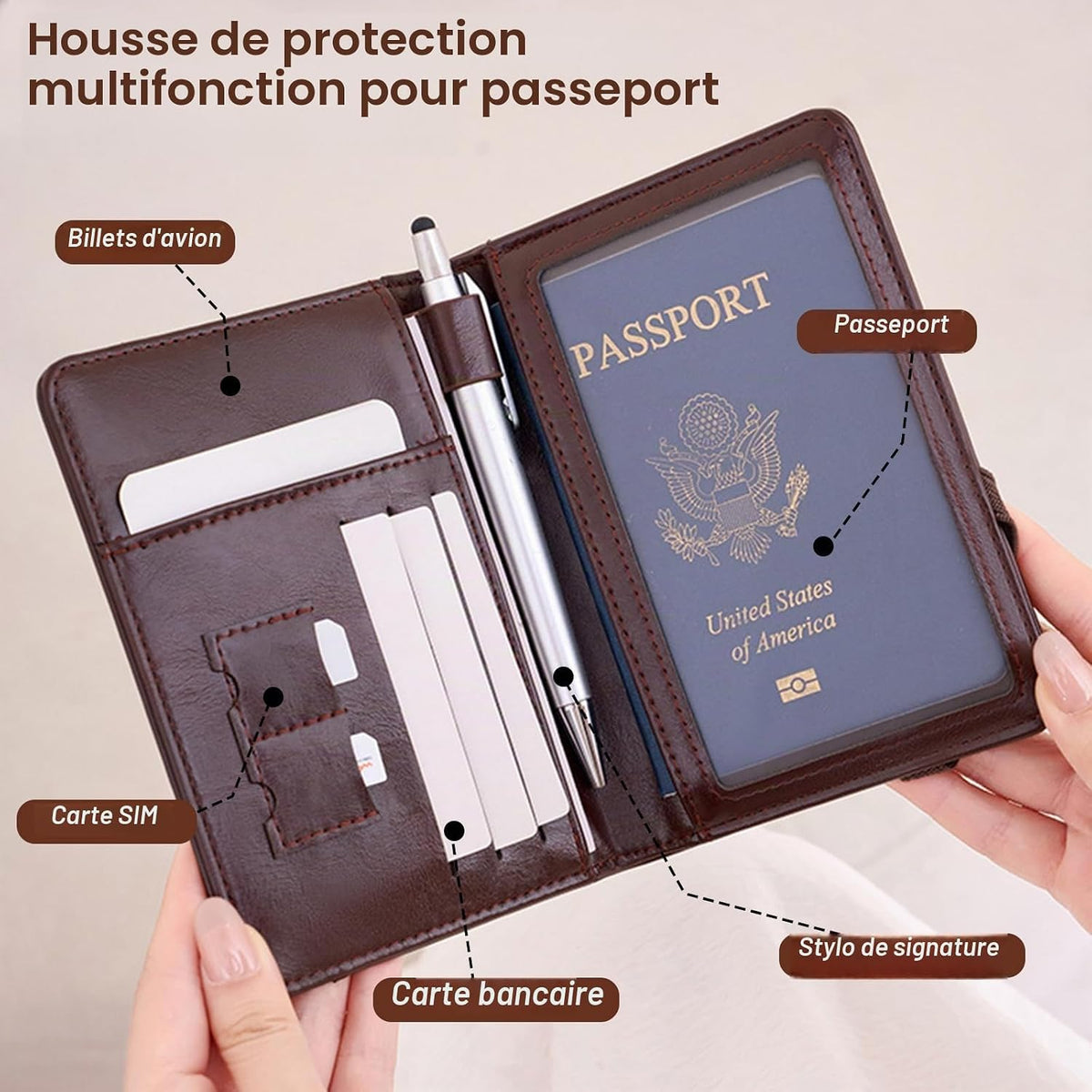Porte-Passeport de Voyage en Cuir PU avec Protection RFID - محفظة جواز سفر جلدية متعددة الجيوب