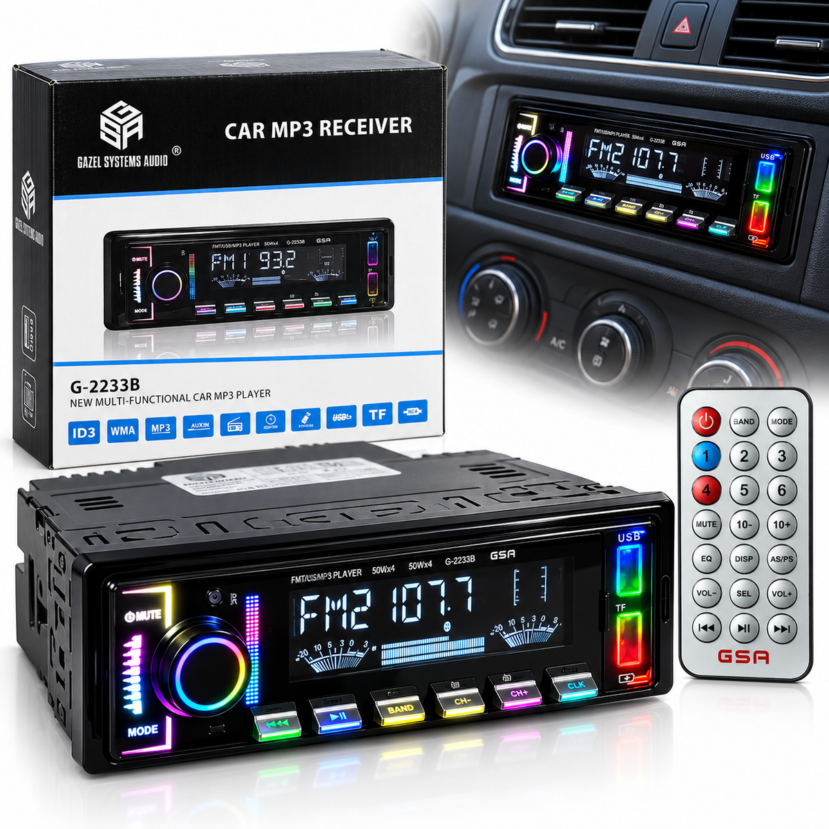 Autoradio MP3 Bluetooth avec Éclairage RGB USB et Télécommande G-2233B - راديو سيارة بلوتوث بإضاءة وجهاز تحكم عن بعد