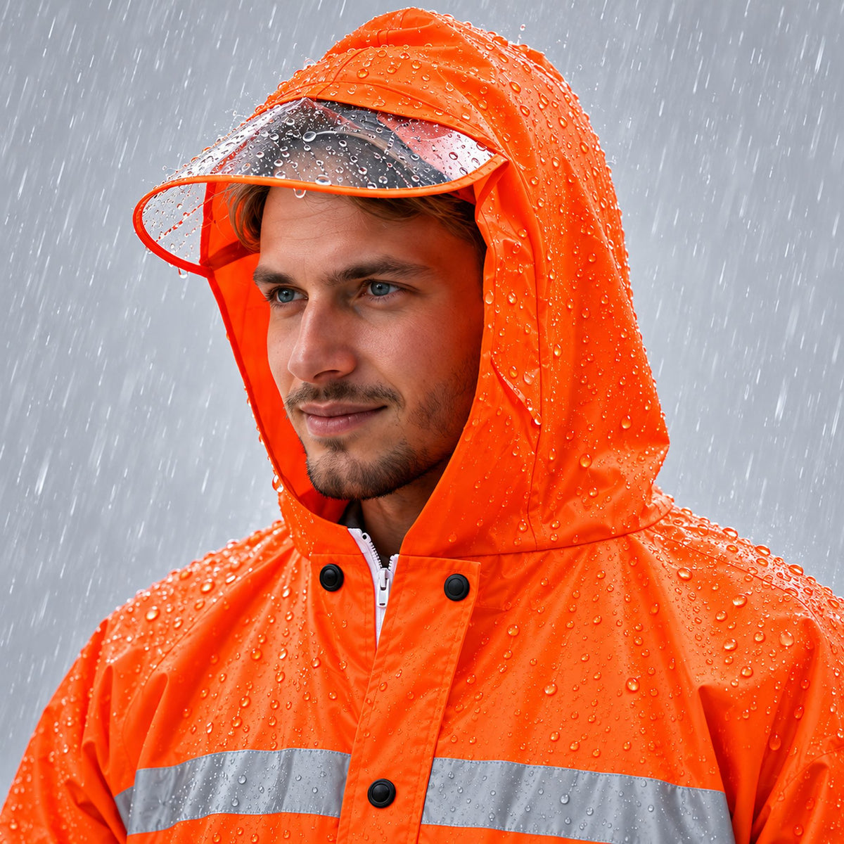Imperméable Long Orange avec Capuche Transparente et Bandes Réfléchissantes - معطف مطر طويل بقبعة شفافة وعواكس ضوئية
