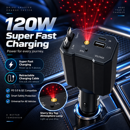 Chargeur 120W 5 en 1 avec Câbles Rétractables Ports USB,Type-C et Veilleuse Ciel Étoilé - شاحن سيارة سريع 120 واط متعدد المنافذ مع إضاءة سقف نجوم