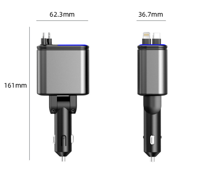 Chargeur de Voiture 120W Max 4 en 1 avec Câbles Rétractables et Ports USB/Type-C