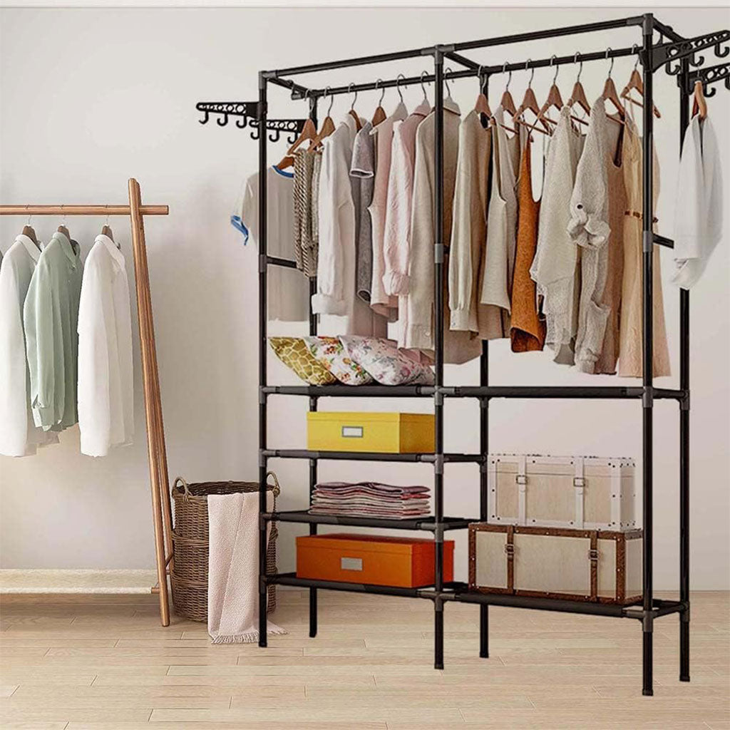 Penderie à vêtements robuste en métal à 5 niveaux avec étagères et 4 crochets latéraux