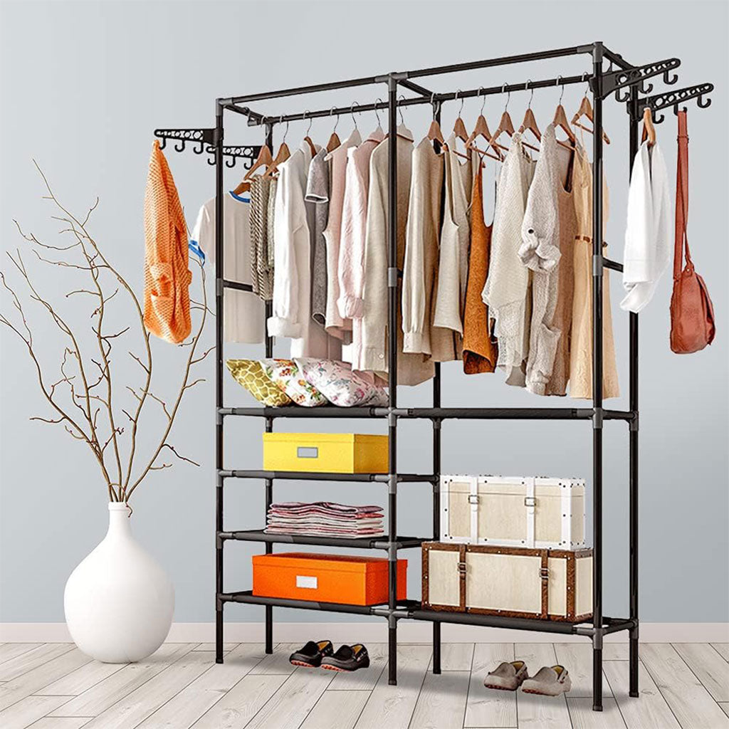 Penderie à vêtements robuste en métal à 5 niveaux avec étagères et 4 crochets latéraux